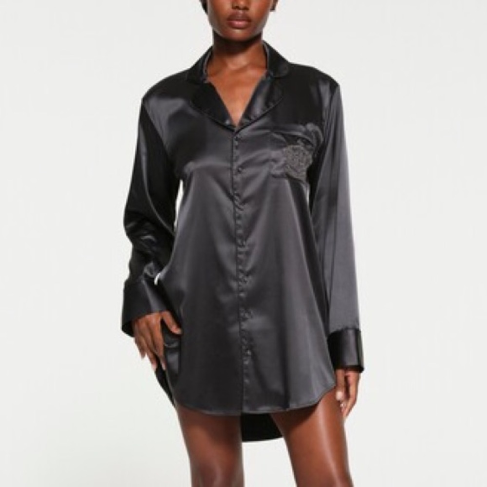 SKIMS Black Satin Button-Up Nightshirt